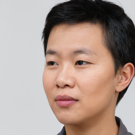 Neutral asian young-adult male with short  black hair and brown eyes