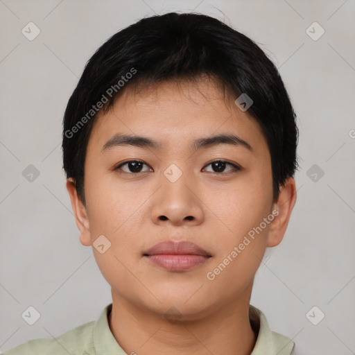 Neutral asian young-adult female with short  black hair and brown eyes