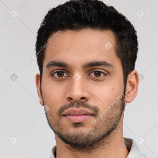 Neutral latino young-adult male with short  black hair and brown eyes