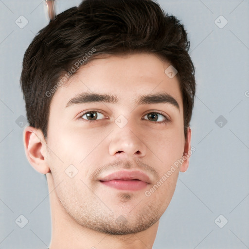 Neutral white young-adult male with short  brown hair and brown eyes