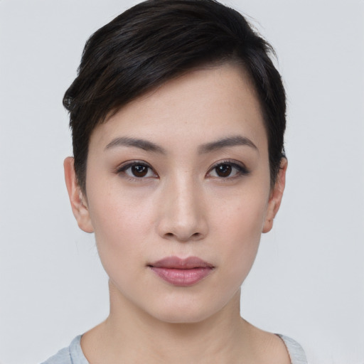 Neutral white young-adult female with short  black hair and brown eyes