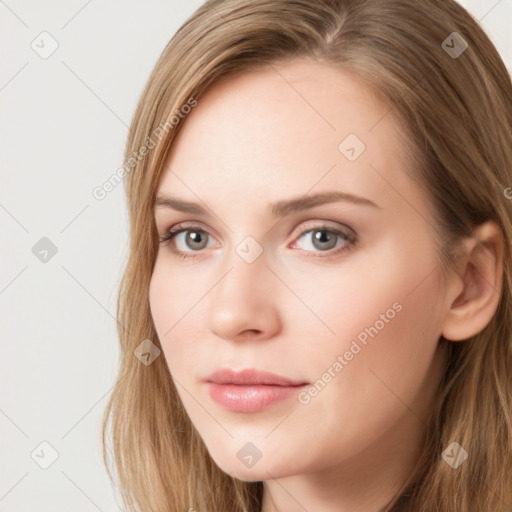 Neutral white young-adult female with long  brown hair and grey eyes