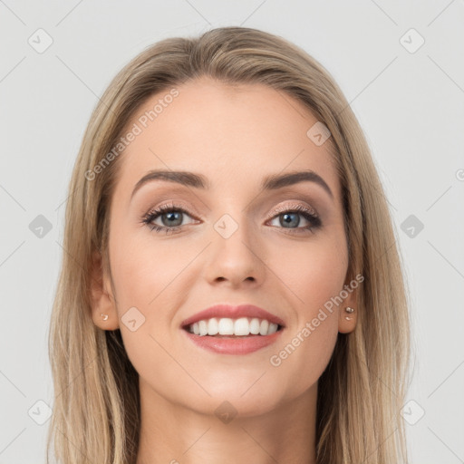 Joyful white young-adult female with long  brown hair and grey eyes