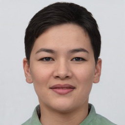 Joyful asian young-adult female with short  brown hair and brown eyes