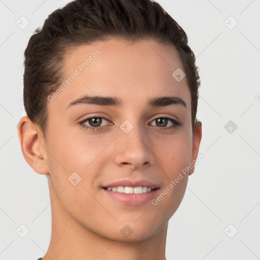 Joyful white young-adult female with short  brown hair and brown eyes