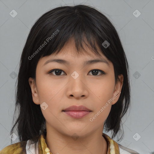 Neutral asian young-adult female with medium  brown hair and brown eyes