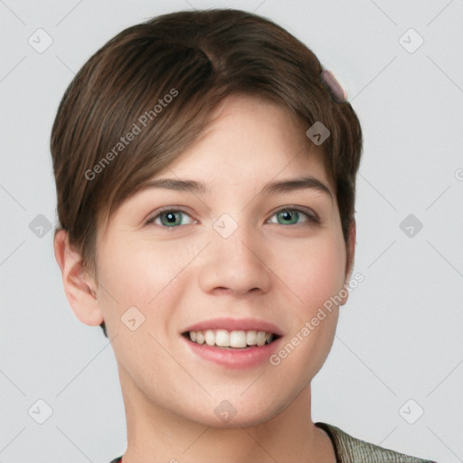 Joyful white young-adult female with short  brown hair and grey eyes