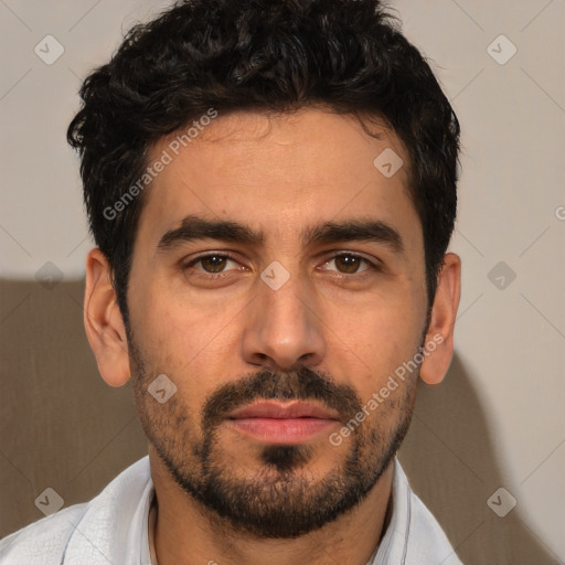 Joyful white young-adult male with short  black hair and brown eyes