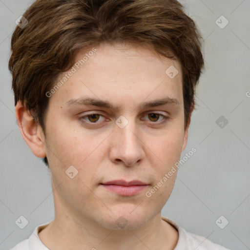 Neutral white young-adult male with short  brown hair and grey eyes