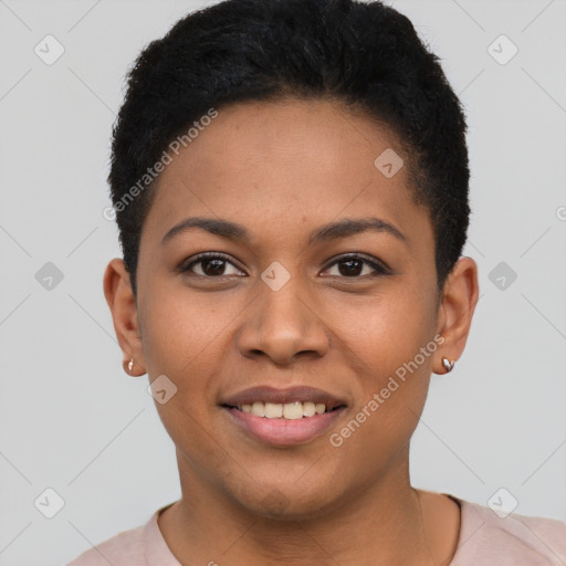 Joyful latino young-adult female with short  brown hair and brown eyes