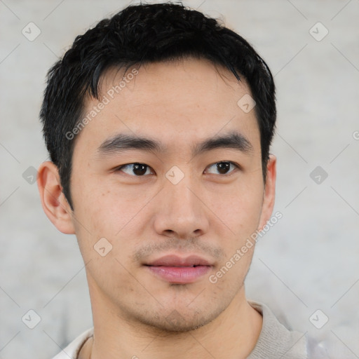 Neutral asian young-adult male with short  black hair and brown eyes