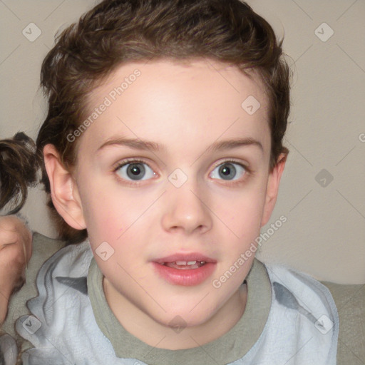 Joyful white child female with short  brown hair and blue eyes