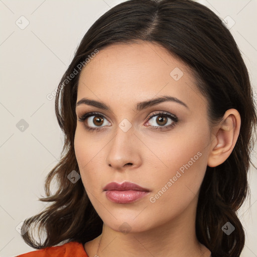 Neutral white young-adult female with long  brown hair and brown eyes