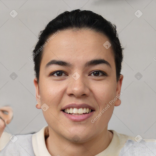 Joyful latino young-adult female with short  brown hair and brown eyes