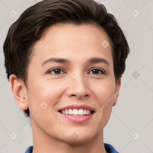 Joyful white young-adult female with short  brown hair and brown eyes