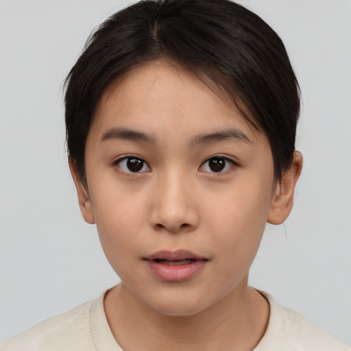 Neutral white young-adult female with short  brown hair and brown eyes