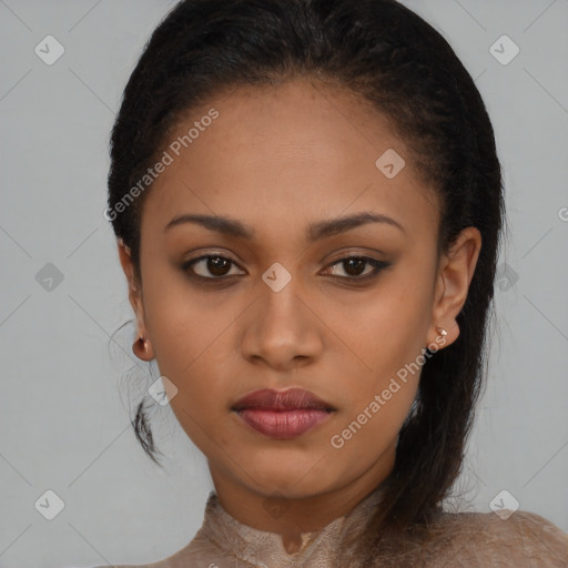 Neutral black young-adult female with medium  brown hair and brown eyes