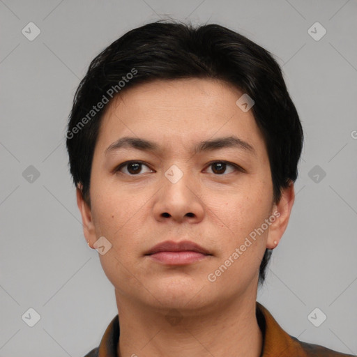 Neutral asian young-adult male with short  black hair and brown eyes