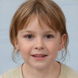 Joyful white child female with medium  brown hair and brown eyes