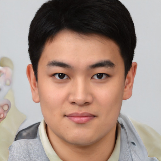 Neutral asian young-adult male with short  black hair and brown eyes