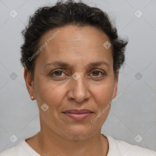 Joyful white adult female with short  brown hair and brown eyes