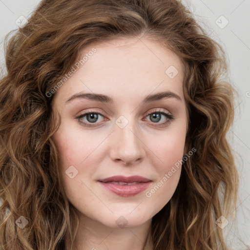 Joyful white young-adult female with long  brown hair and green eyes