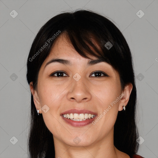 Joyful white young-adult female with long  brown hair and brown eyes