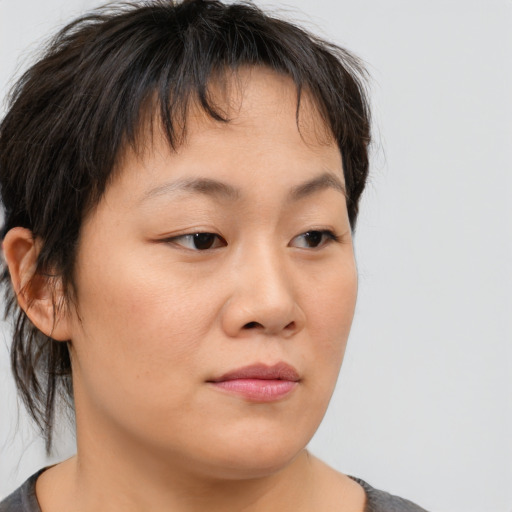 Neutral asian young-adult female with medium  brown hair and brown eyes
