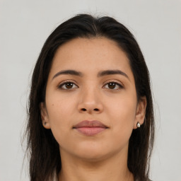 Neutral asian young-adult female with long  brown hair and brown eyes