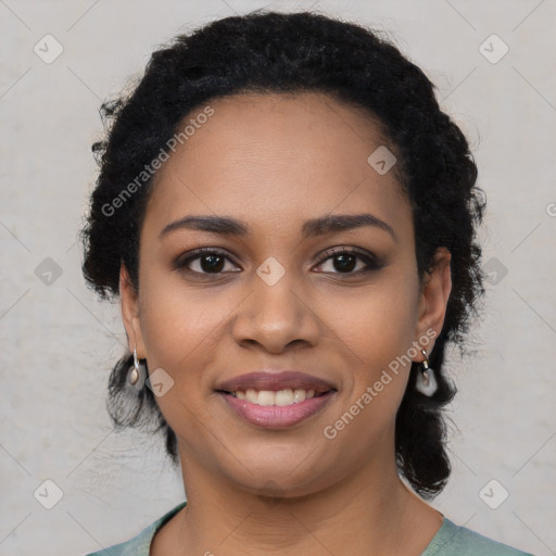 Joyful latino young-adult female with short  black hair and brown eyes