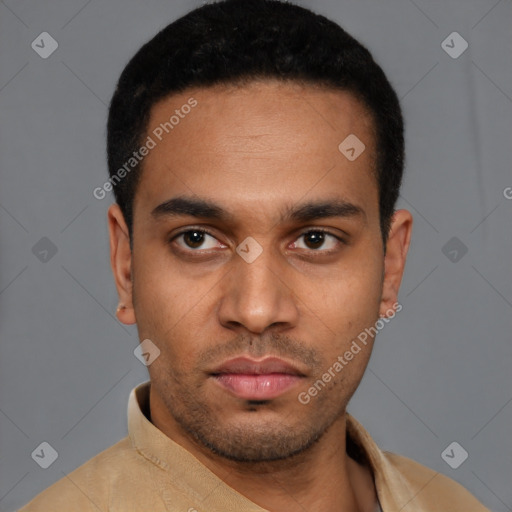 Neutral latino young-adult male with short  black hair and brown eyes