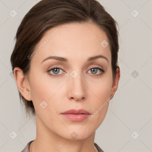 Neutral white young-adult female with short  brown hair and grey eyes