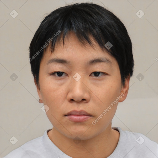 Neutral asian young-adult male with short  black hair and brown eyes