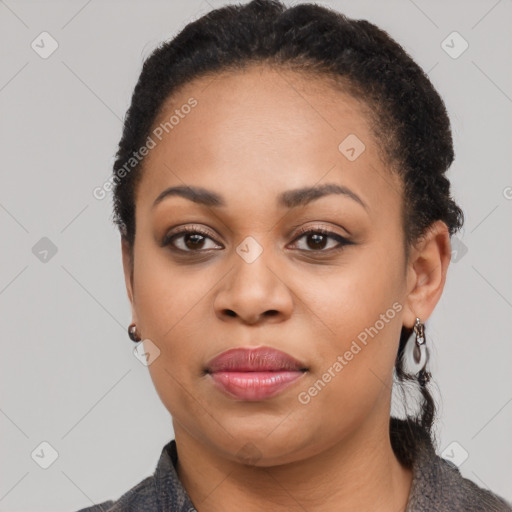 Joyful latino young-adult female with short  black hair and brown eyes