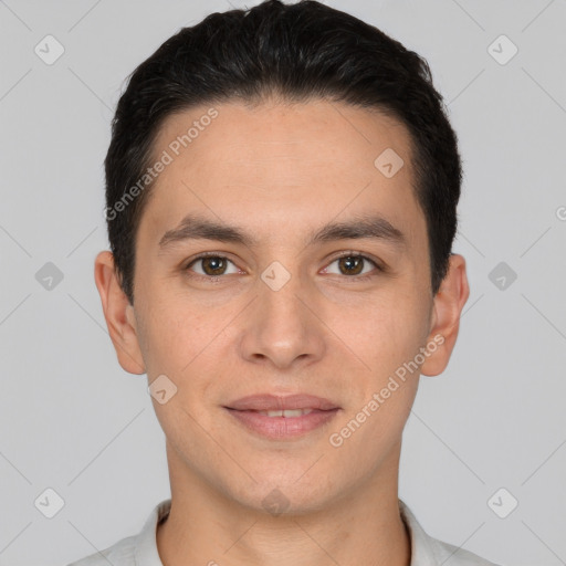 Joyful white young-adult male with short  brown hair and brown eyes