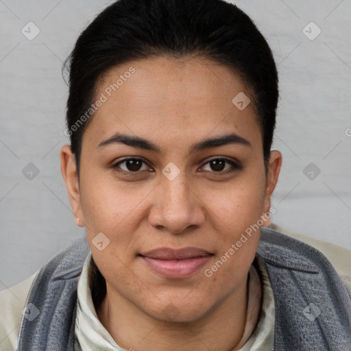 Joyful white young-adult female with short  brown hair and brown eyes