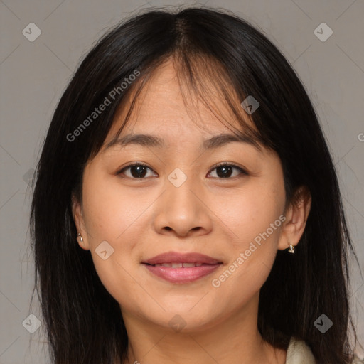 Joyful asian young-adult female with medium  brown hair and brown eyes