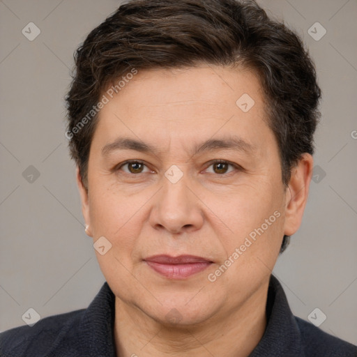 Joyful white adult female with short  brown hair and brown eyes