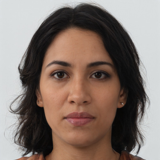 Neutral asian young-adult female with long  brown hair and brown eyes
