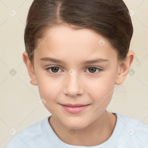 Joyful white child female with short  brown hair and brown eyes