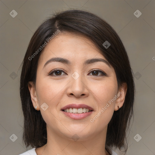 Joyful white young-adult female with medium  brown hair and brown eyes