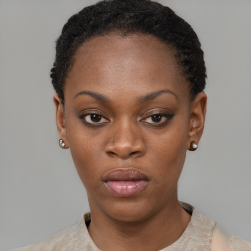 Neutral black young-adult female with short  black hair and brown eyes