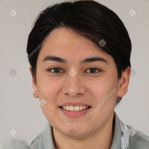 Joyful white young-adult female with short  brown hair and brown eyes