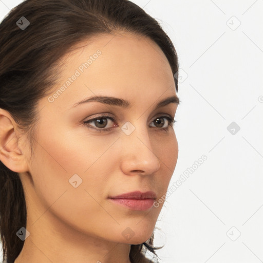 Neutral white young-adult female with medium  brown hair and brown eyes