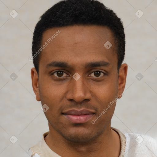 Neutral black young-adult male with short  black hair and brown eyes