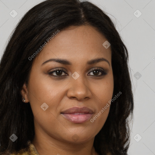 Joyful black young-adult female with long  brown hair and brown eyes