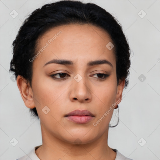 Neutral asian young-adult female with short  brown hair and brown eyes