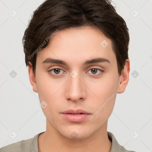 Neutral white young-adult male with short  brown hair and brown eyes