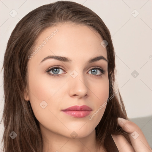 Neutral white young-adult female with long  brown hair and brown eyes