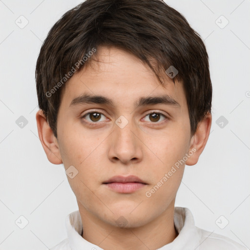 Neutral white young-adult male with short  brown hair and brown eyes